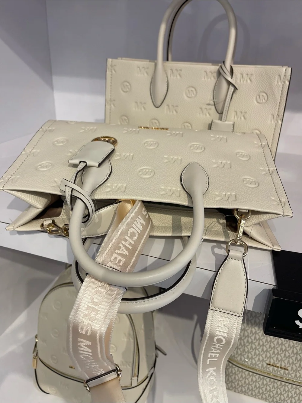 Michael Kors Mirella Md Logo Debossed Satchel Shoulder Tote Handbag Lt Cream NWT